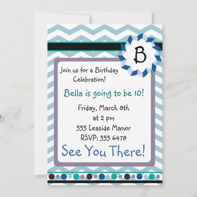 Cheveron Monogram Card with blue, teal, grey (Front)