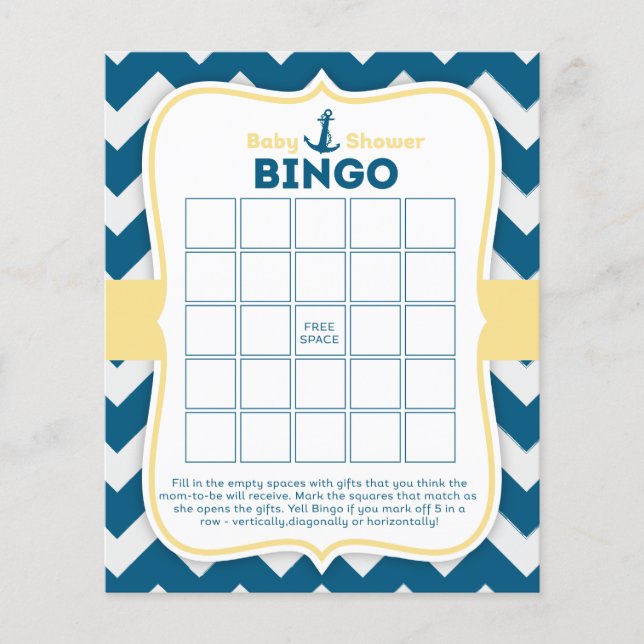 Chevron Anchor Nautical Baby Bingo Card (Front)