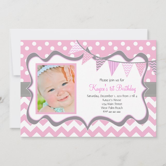 Chevron and Dots Pendant Birthday Invitation (Front)