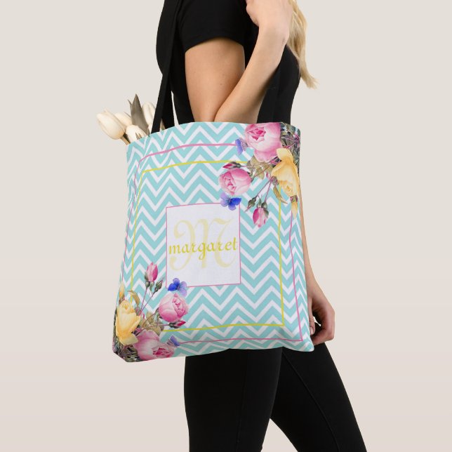 Chevron and Flowers Monogrammed Tote Bag (Close Up)