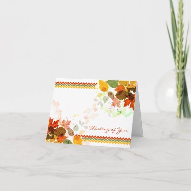 Chevron Autumn Fall Leaves Thinking of You Card (Front)