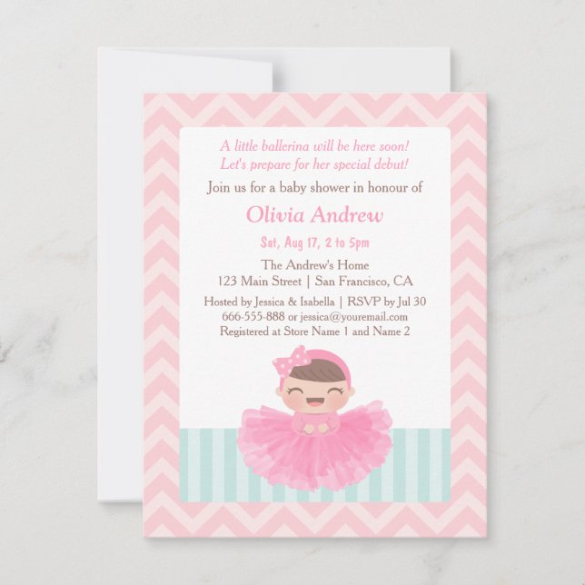 Chevron Ballerina Girl Baby Shower Invitations (Front)