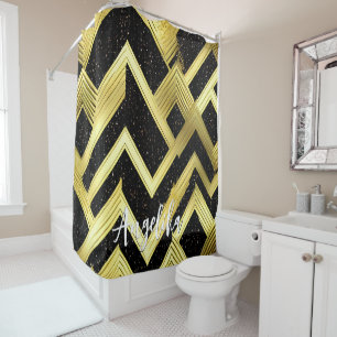 Chevron Black and Gold Personalised Name Shower Curtain