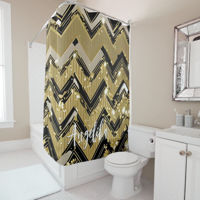 Chevron Black and Gold Personalised Name Shower Curtain (In Situ)