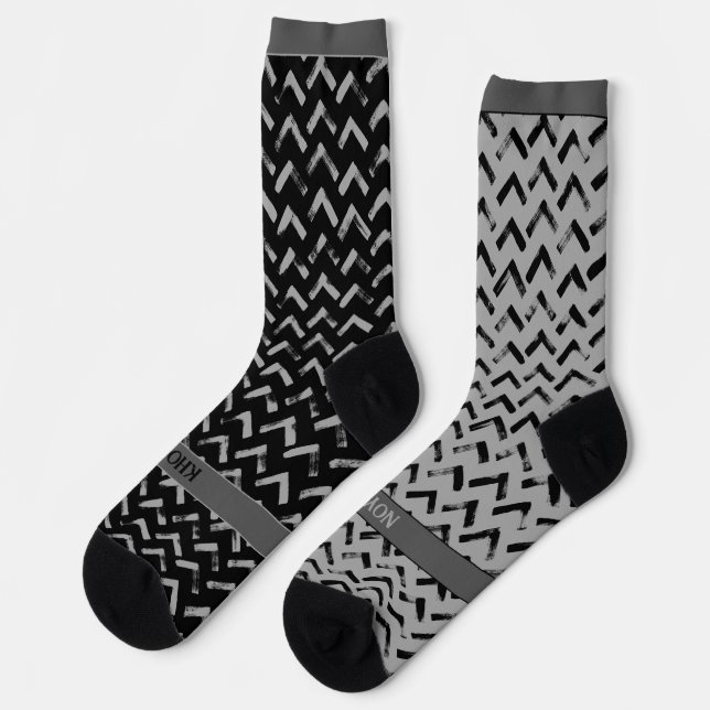 Chevron Black and Grey Name on Mismatch Socks (Left)