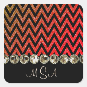 Chevron Bling Red Monogram Glam Jewels Square Sticker