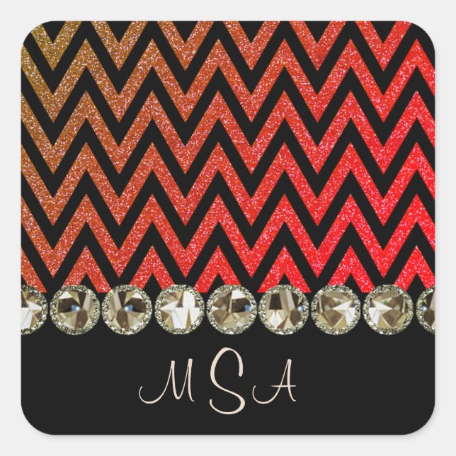 Chevron Bling Red Monogram Glam Jewels Square Sticker (Front)