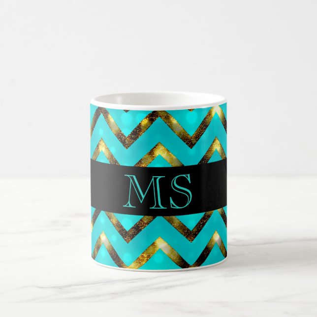 Chevron blue gold monogram personalise coffee mug (Center)
