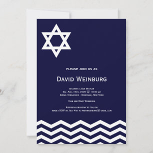Chevron Blue Star Bar Mitzvah Invitation