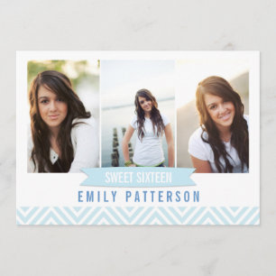 Chevron Blue   White Sweet 16 Photo Birthday Party Invitation