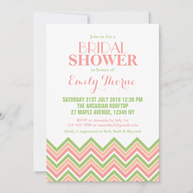 Chevron Bridal Shower Invitation White Pink Green (Front)