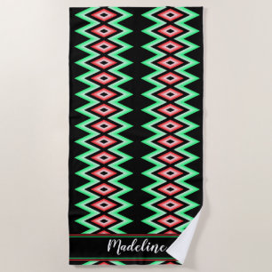 Chevron Calligraphy Name Red Green Tropical  Beach Beach Towel