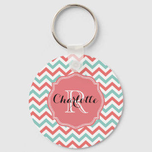 Chevron Coral and Aqua Custom Name Key Ring