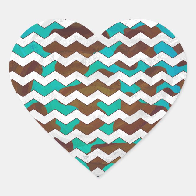 Chevron Cow Brown and Teal Print Heart Sticker (Front)