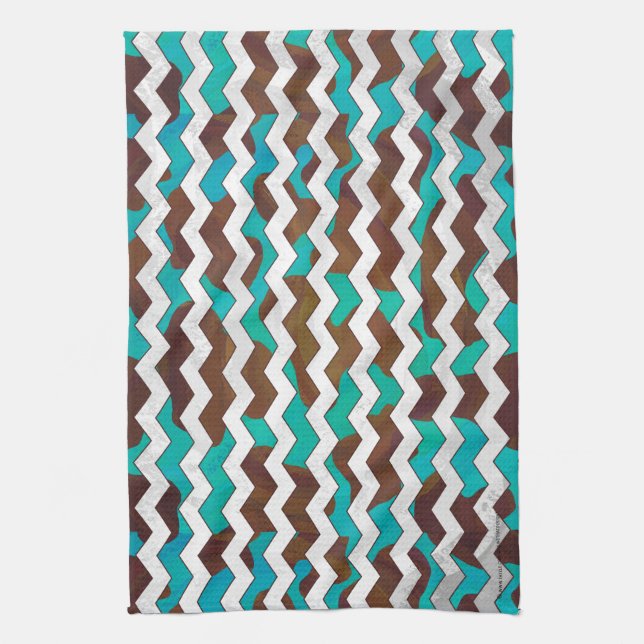 Chevron Cow Brown and Teal Print Tea Towel (Vertical)