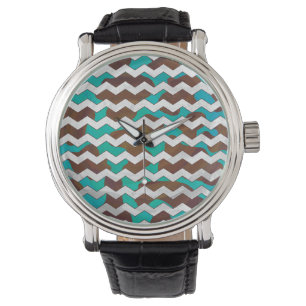 Chevron Cow Brown and Teal Print Watch