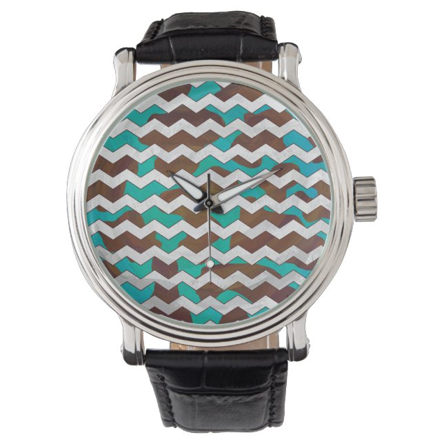 Chevron Cow Brown and Teal Print Watch (Front)