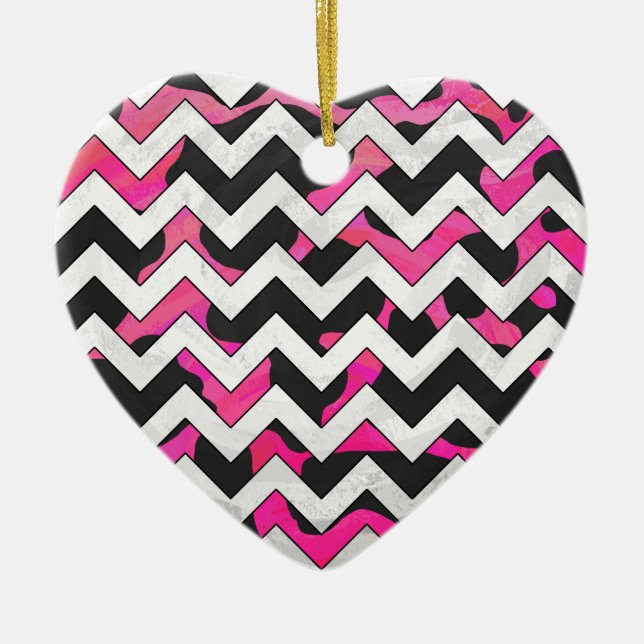 Chevron Cow Hot Pink and Black Print Ceramic Tree Decoration (Front)