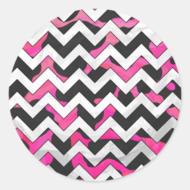 Chevron Cow Hot Pink and Black Print Classic Round Sticker (Front)