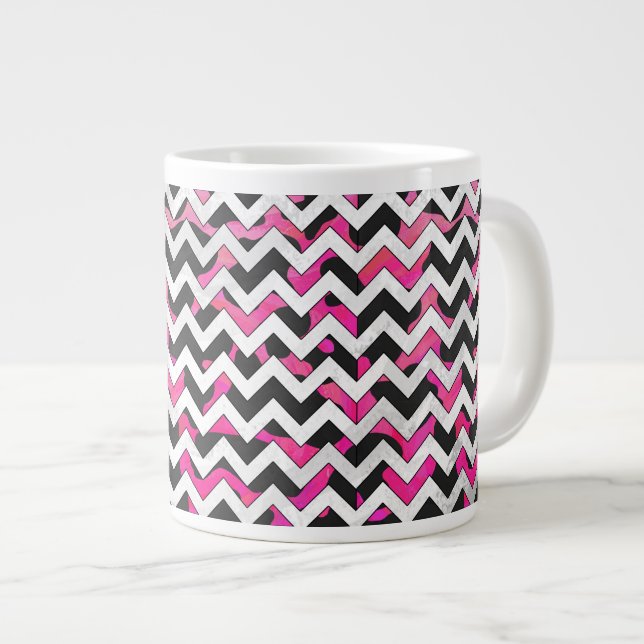 Chevron Cow Hot Pink and Black Print Large Coffee Mug (Front Right)
