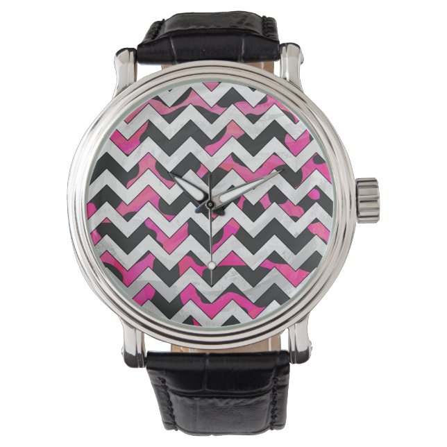 Chevron Cow Hot Pink and Black Print Watch (Front)