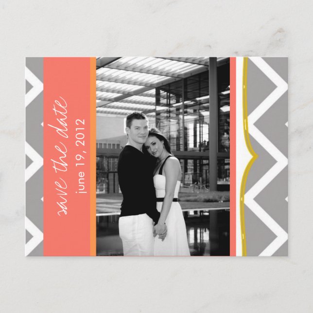 Chevron - Custom Save the Date- Coral Tangerine Announcement Postcard (Front)