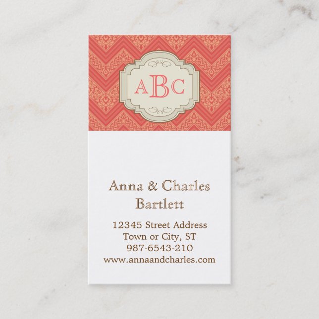 Chevron Damask (Melon) Personalised Monogram Business Card (Front)
