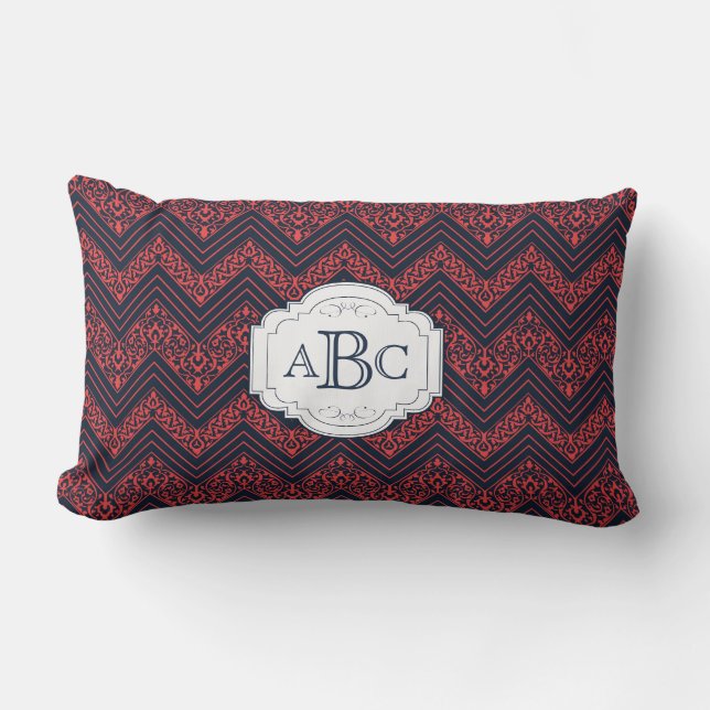 Chevron Damask (Navy,Red) Personalised Monogram Lumbar Cushion (Front)