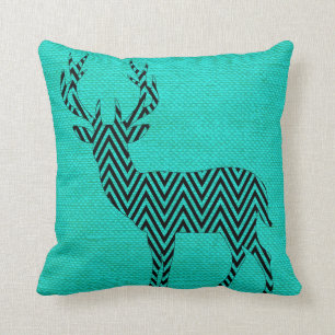 Chevron Deer Silhouette on Burlap   aqua teal Cushion