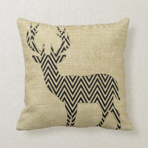 Chevron Deer Silhouette on Burlap   oatmeal Cushion