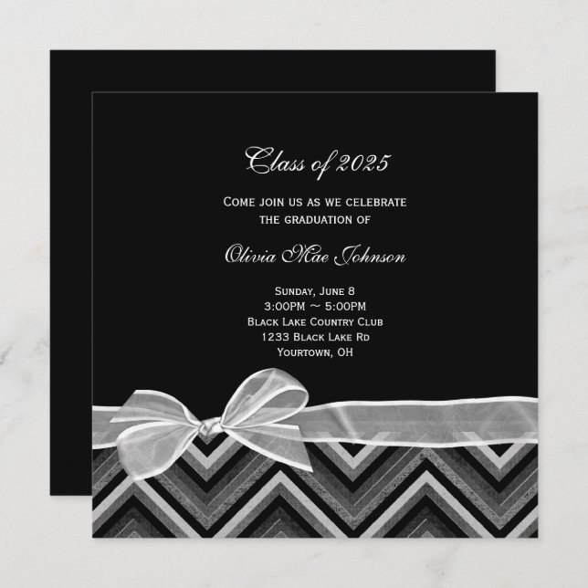 chevron design Graduation silver and black Invitation (Front/Back)