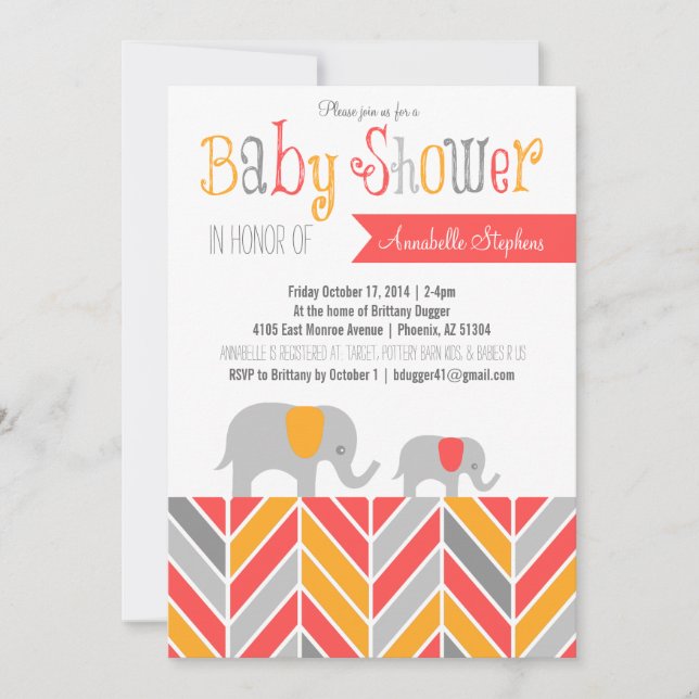 Chevron Elephant Baby Shower Invitation Coral Grey (Front)