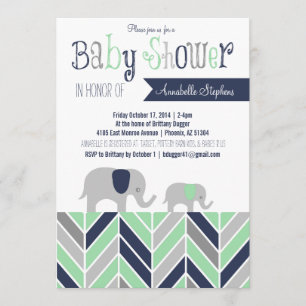 Chevron Elephant Baby Shower Invitation Navy Mint