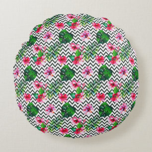 Chevron Geometric Summer Tropical Floral Round Cushion