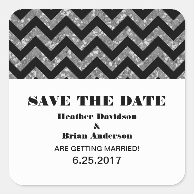 Chevron Glitter Save the Date Stickers, Silver Square Sticker (Front)