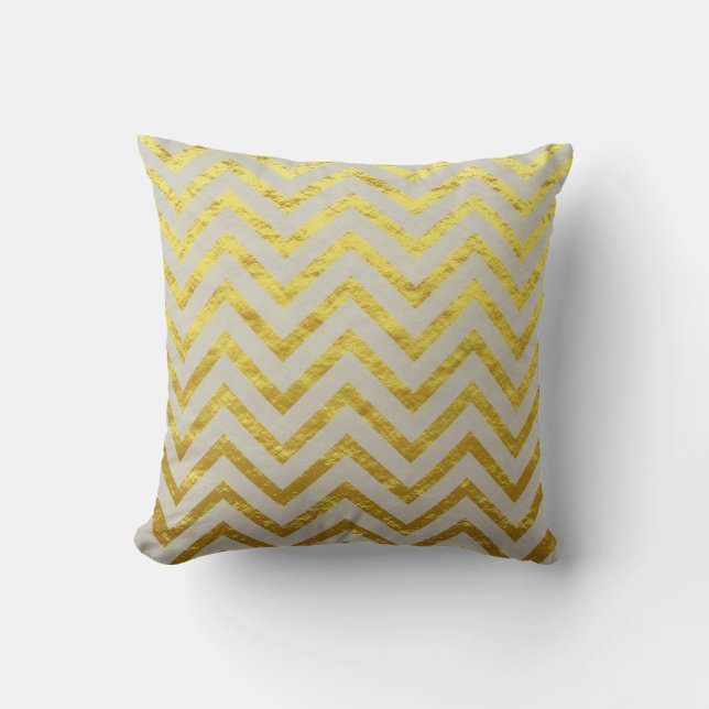 Chevron Gold Foil Grey Elegant Royal Glittery Chic Cushion (Front)