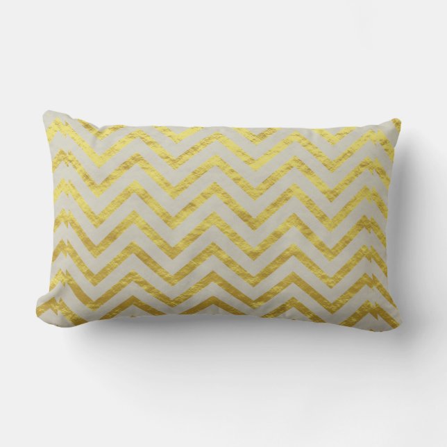 Chevron Gold Foil Grey Elegant Royal Glittery Chic Lumbar Cushion (Front)