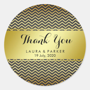 Chevron Gold Glitter Thank You Wedding Black Classic Round Sticker