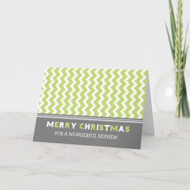 Chevron Green Grey Nephew Merry Christmas Card (Front)