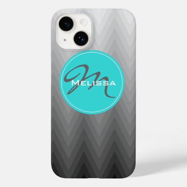 Chevron grey ombre pattern Turquoise Monogram Name Case-Mate iPhone Case (Back)