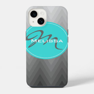 Chevron grey ombre pattern Turquoise Monogram Name iPhone 14 Case