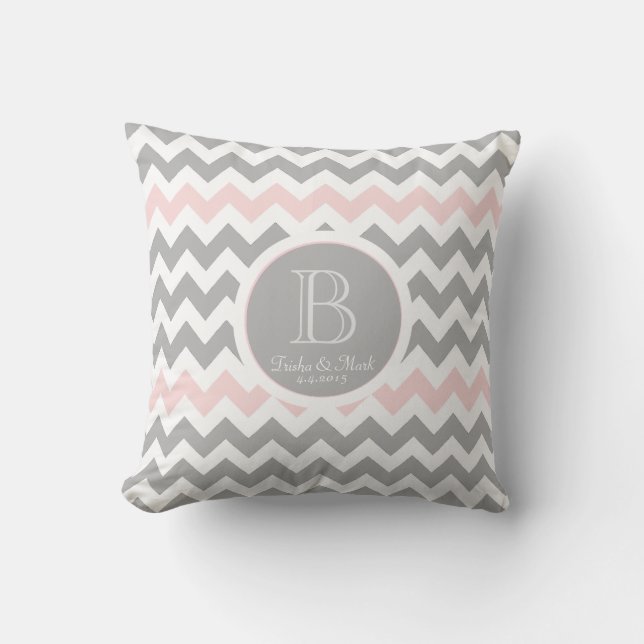 Chevron Grey Pink White Monogram Wedding Pillow (Front)