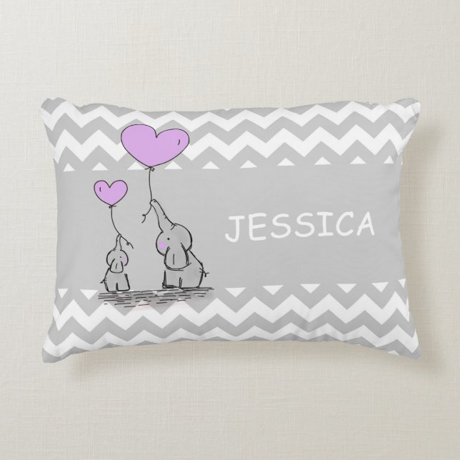 Chevron Grey White LAVENDER Girl Elephant Heart Decorative Cushion (Front)