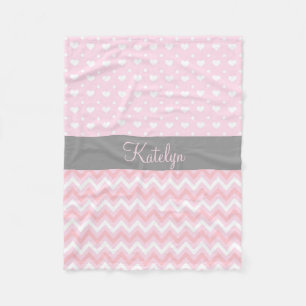 Chevron Hearts Pattern Pink Grey Monogram Fleece Blanket