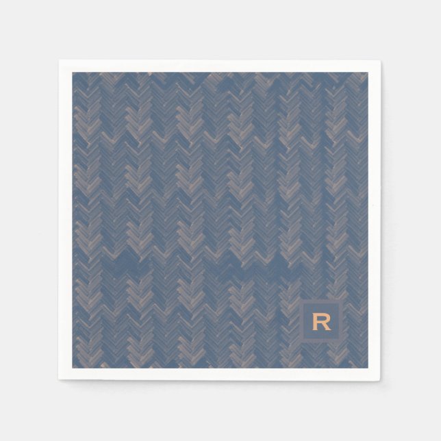 Chevron Herringbone Pattern Retro Blue Initial Napkin (Front)