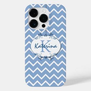 Chevron in Polo Blue and White with Floral Frame Case-Mate iPhone 14 Pro Case