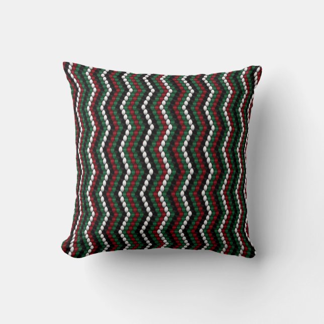 Chevron knitting pattern black green red and white cushion (Front)
