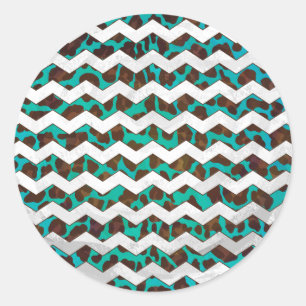 Chevron Leopard Brown and Teal Print Classic Round Sticker