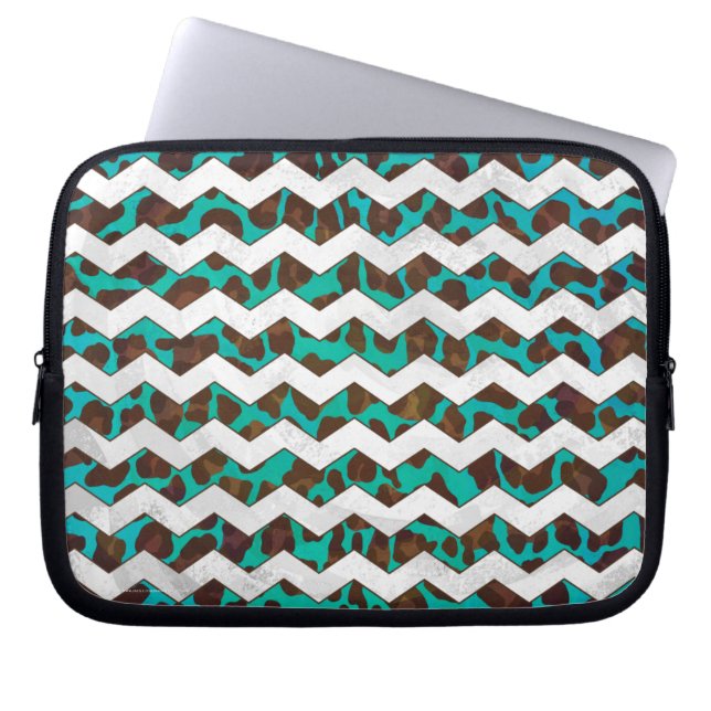 Chevron Leopard Brown and Teal Print Laptop Sleeve (Front)
