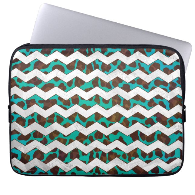 Chevron Leopard Brown and Teal Print Laptop Sleeve (Front)